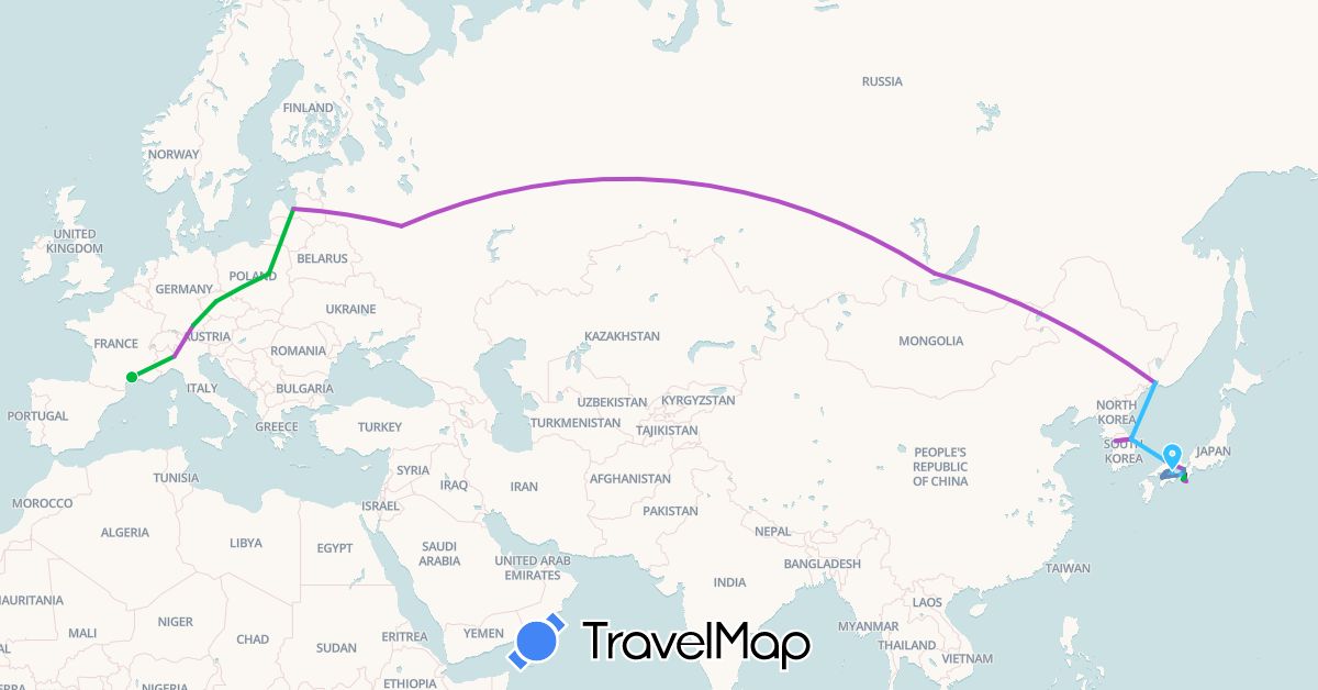 TravelMap itinerary: driving, bus, cycling, train, hiking, boat in Czech Republic, Germany, France, Italy, Japan, South Korea, Latvia, Poland, Russia (Asia, Europe)